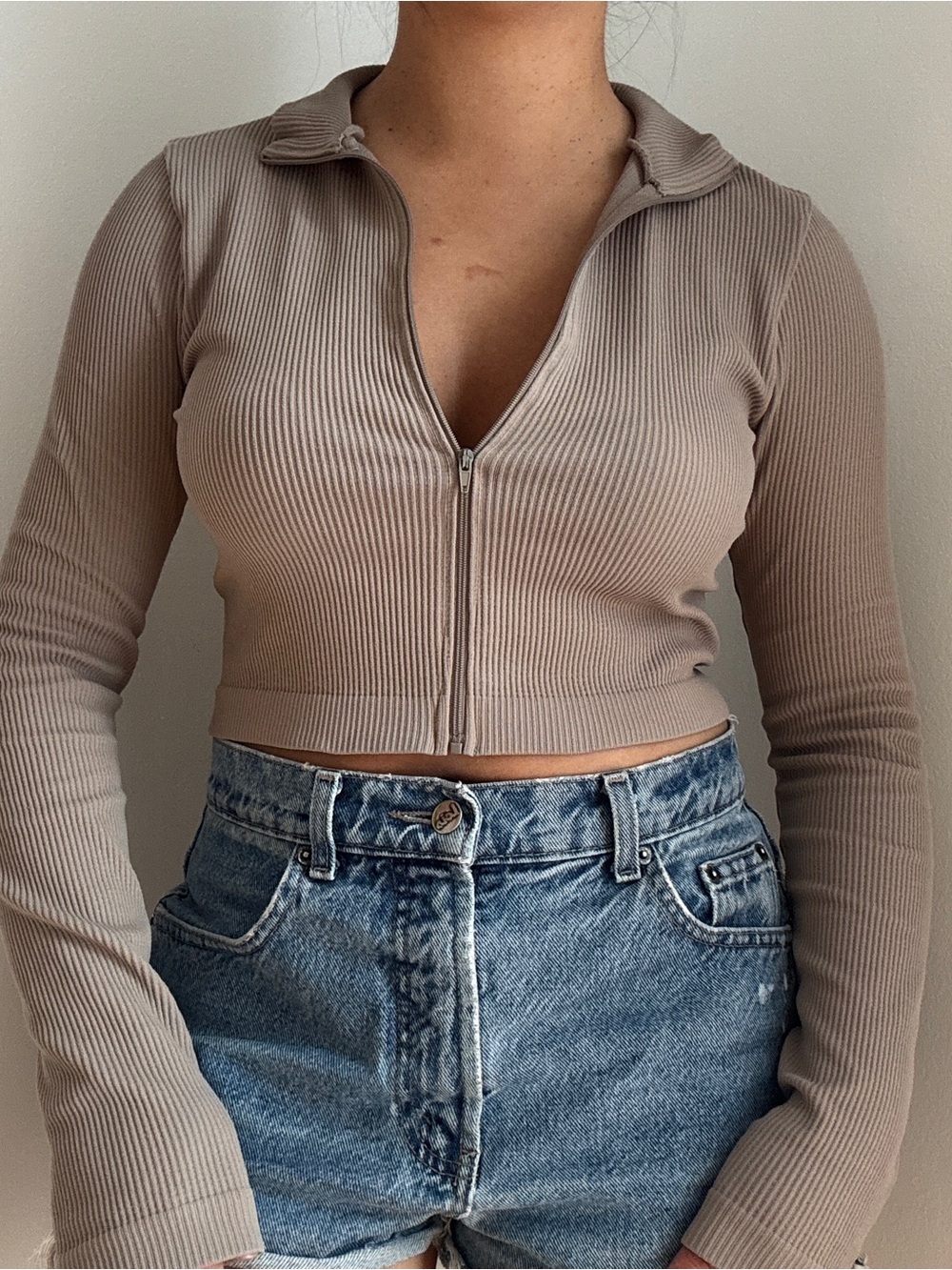 Garage Ribbed Zip Crop Top in Taupe